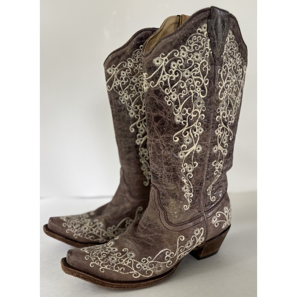 Corral Boots Women's 7.5M Brown Embroidered Leather Western Cowboy Boots Floral